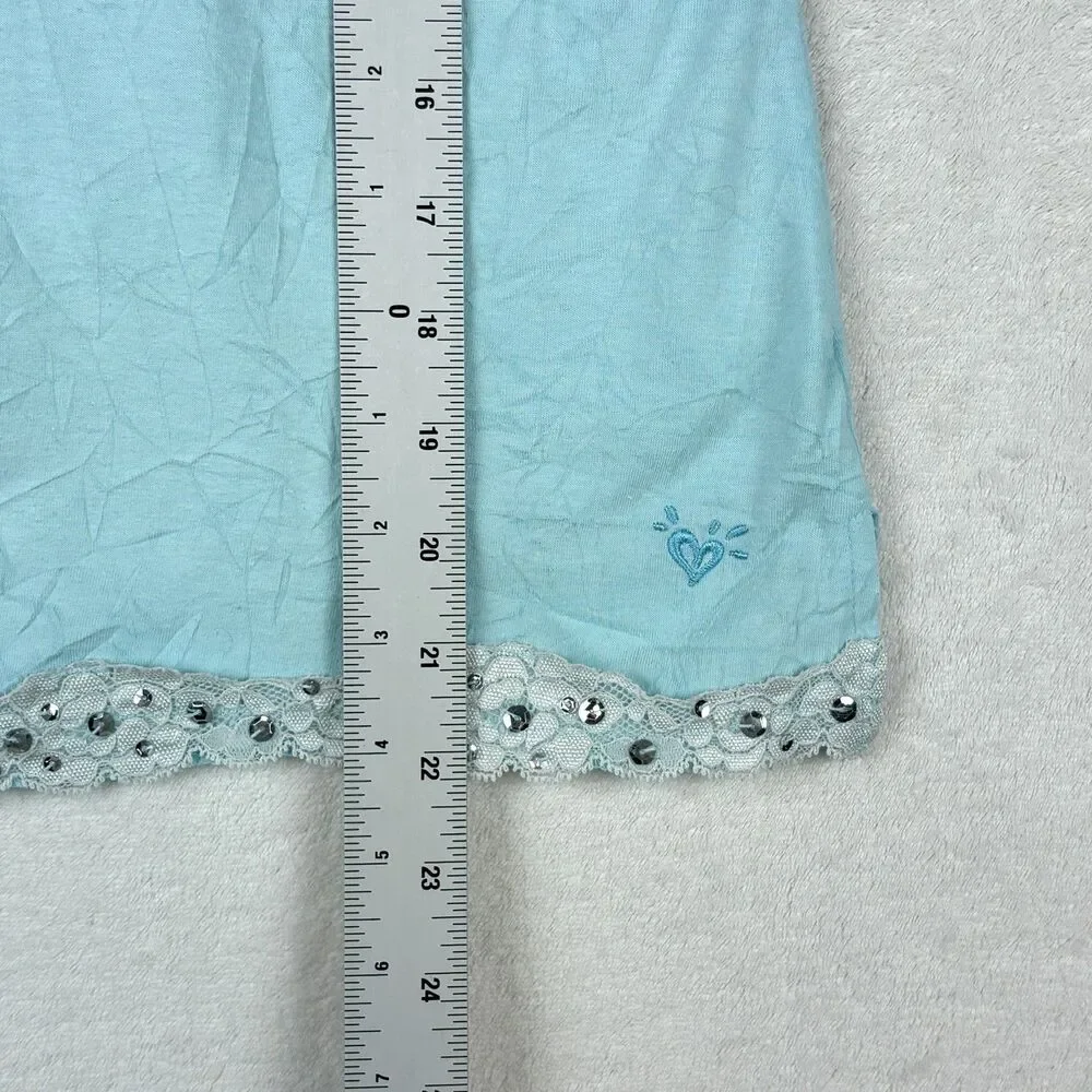 Vintage Y2K Justice Cami Top Girls S 10 Light Blue Krinkle Knit Lace Sequins 90s